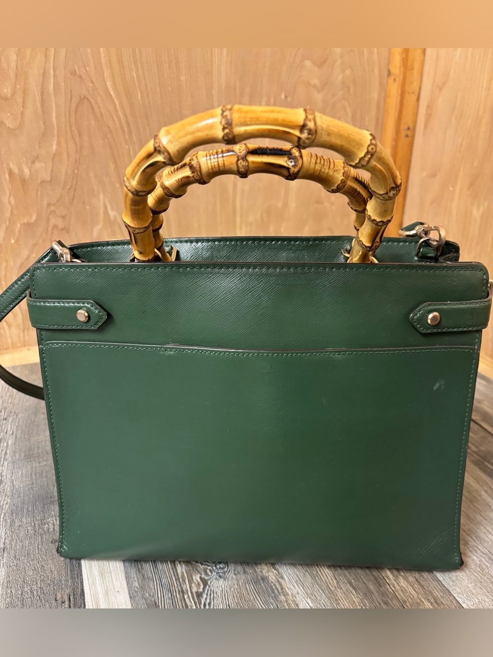 Kate Spade Custom- Hand Painted Dark Green Large Satchel w/ Bamboo Handles - Picture 3 of 9